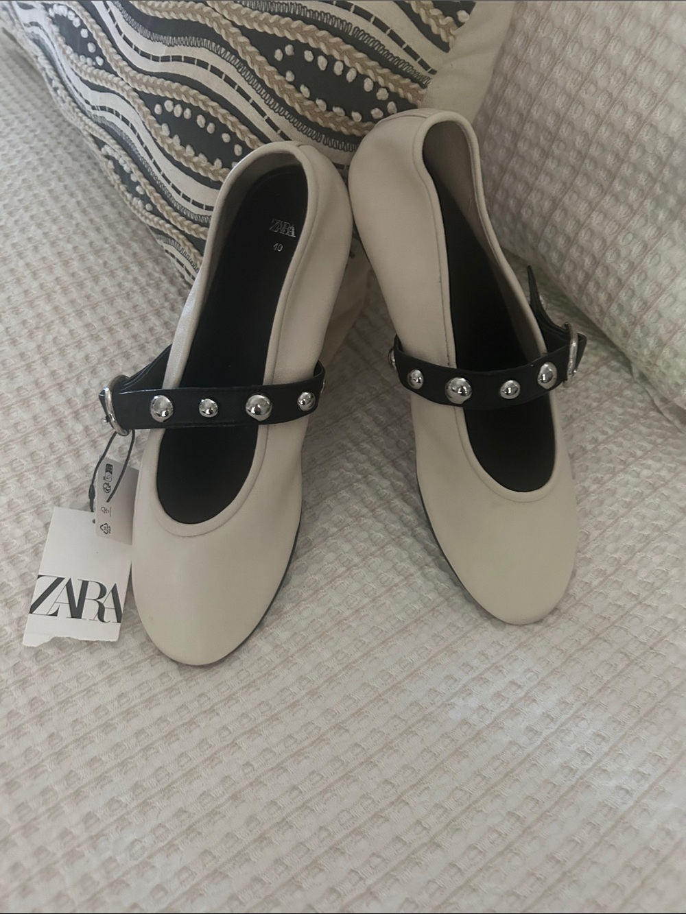 ZARA Cream Mary Jane Flats with Black Studded Strap